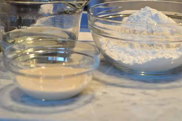 Starting a dough: only flour, water, and leaven. Salt added later. 