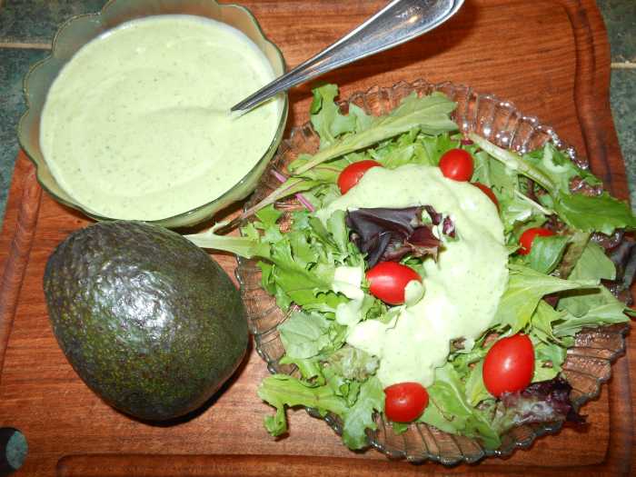 Avocado Ranch Dressing is a nice change from traditional ranch dressing. All you need is one large avocado, 1 cup of cilantro, 1/2 a cup of ranch dressing, 1 cup of water and a blender. Serve as a salad dressing or as a dip for your appetizers.