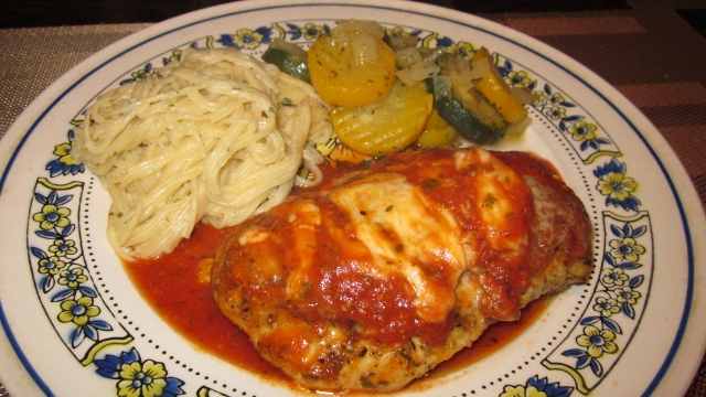 This serving suggestion includes angel hair cheese pasta paired with sauteed zucchini-squash blend.