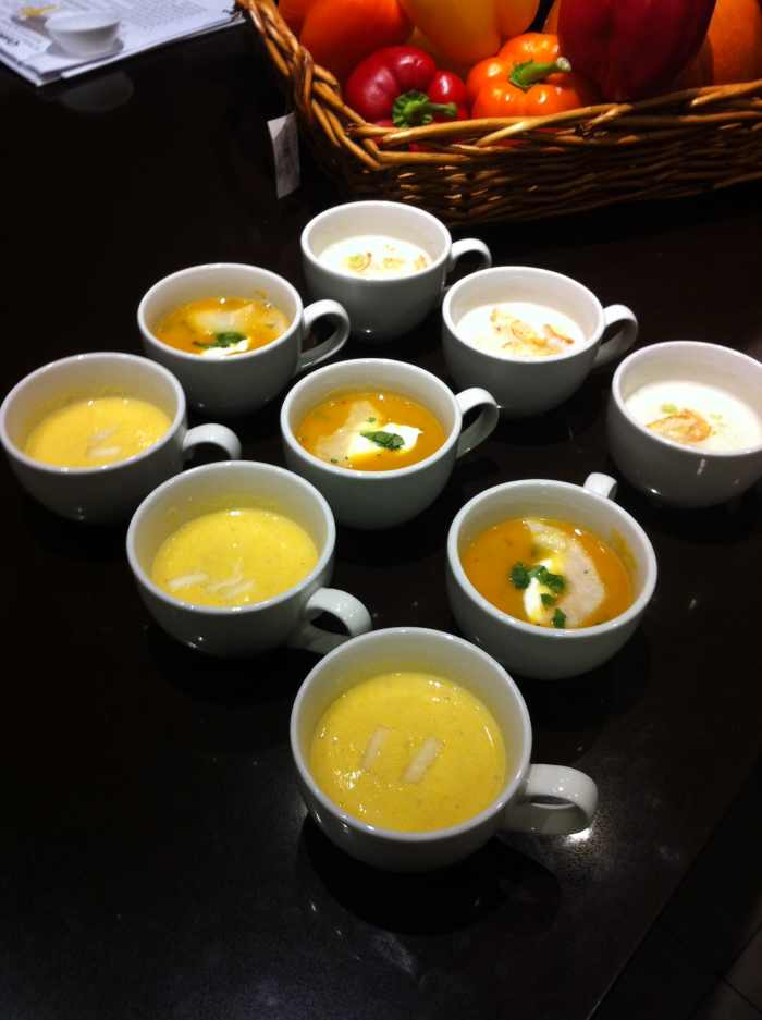 Some of the delicious soups made during the Cuisinart Soup Challenge, ready for the judges.