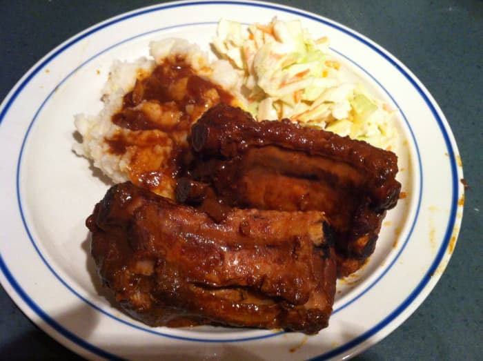 Not the greatest picture, but this sneaky meal was eaten up by my unsuspecting family. The hidden healthy ingredients included carrot puree in the barbecue sauce and a white bean puree in the mashed potatoes and coleslaw.