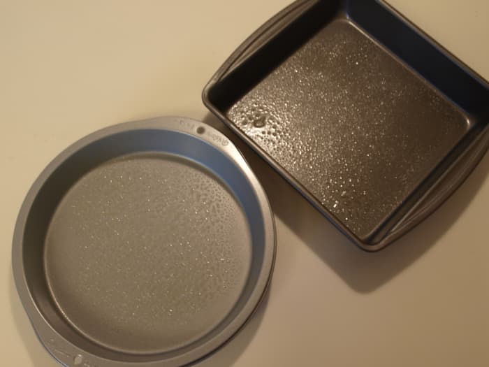 Prepare one square and one circular pan by spraying cooking spray on the bottoms. I used a 9" square and a 9" circular pan. If you do not have these sizes, others will do, but you may have to trim down the cake as needed.
