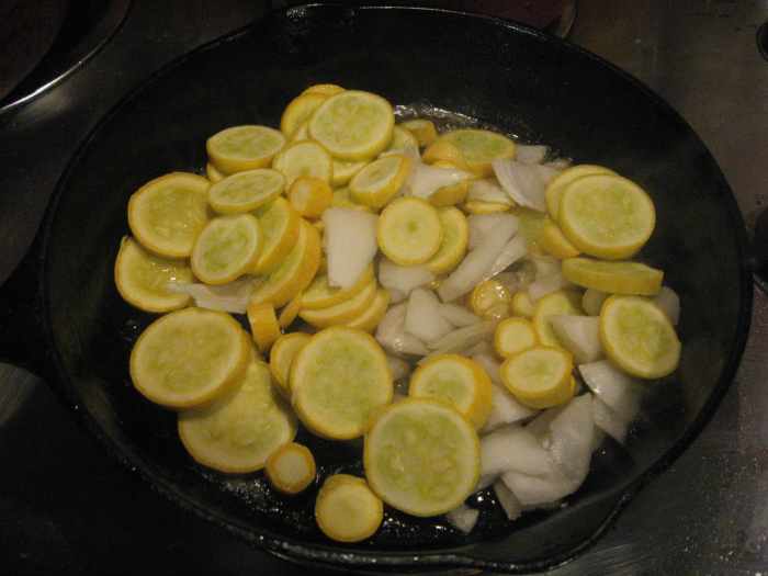 Sautee squash and onion in bacon drippings.