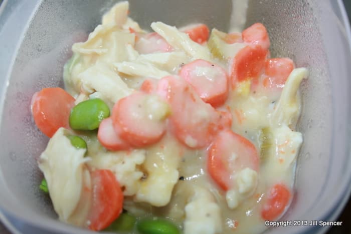 Pictured: leftover chicken & dumplings, another easy comfort dish that's easy to make with chopped, cooked chicken.