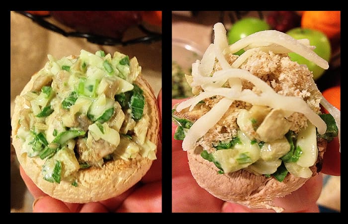 -- All Rights Reserved -- Do Not Distribute -- Spinach and Cheese Stuffed Mushroom Caps Before and After Parmesan Crumbs with Mozzarella Topping
