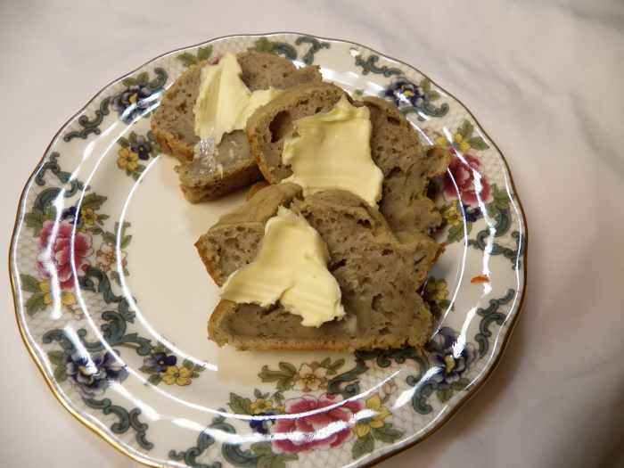Banana Bread with fat-free butter. My family ate this no-sugar, no-fat banana bread all up. No one even knew the difference!
