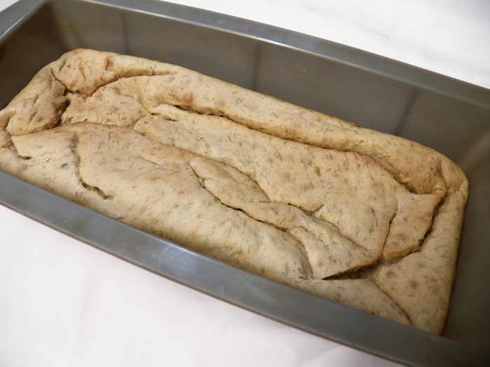 My own banana bread. Although the recipe baked up high, it fell after being taken out of the oven. I later learned to fix this by adding both baking soda and baking powder to the recipe.
