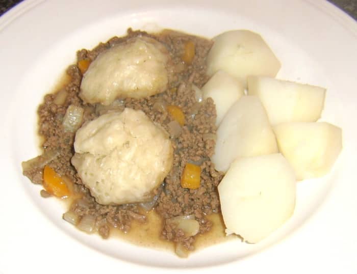 A basic version of mince and tatties served with dough balls (simple dumplings) which are usually cooked on top of the mince
