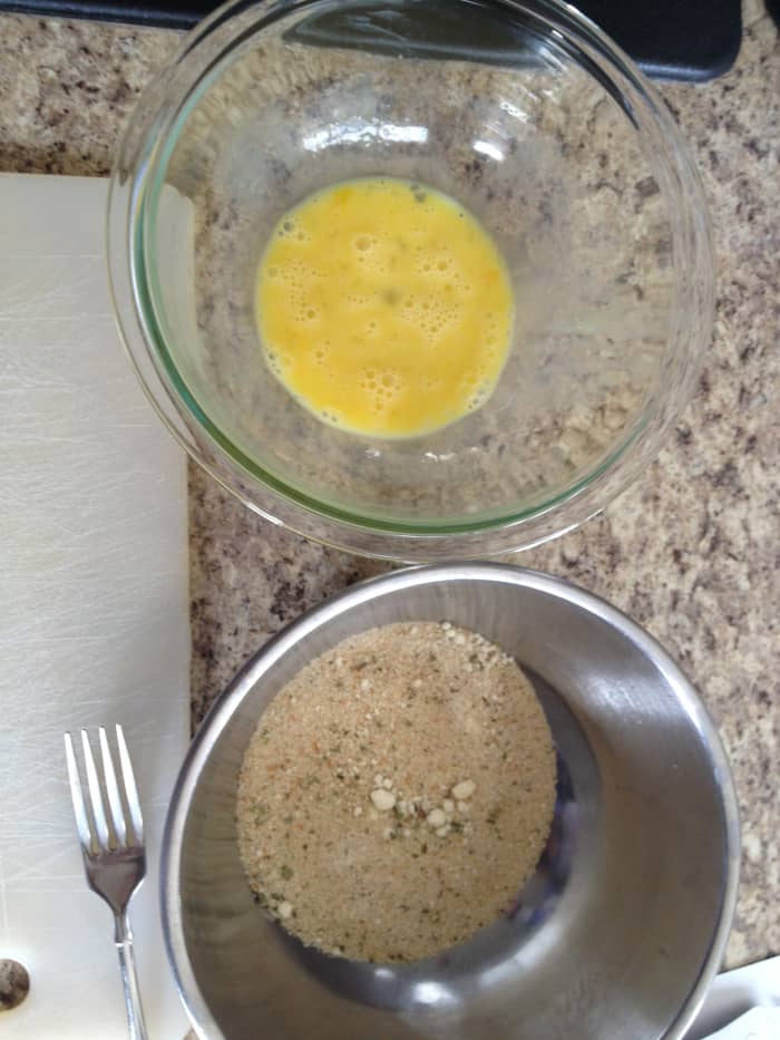 Egg mixture and bread crumb mix for breading the chicken