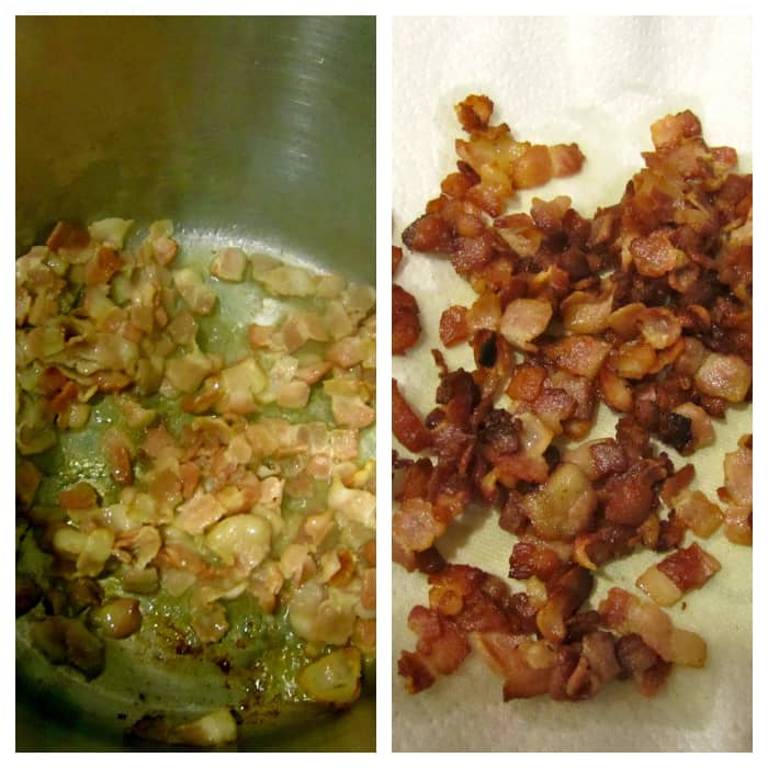 Left: Bacon frying in the stock pot. Right: Bacon draining on a paper towel on a plate. (Steps 1 and 2)
