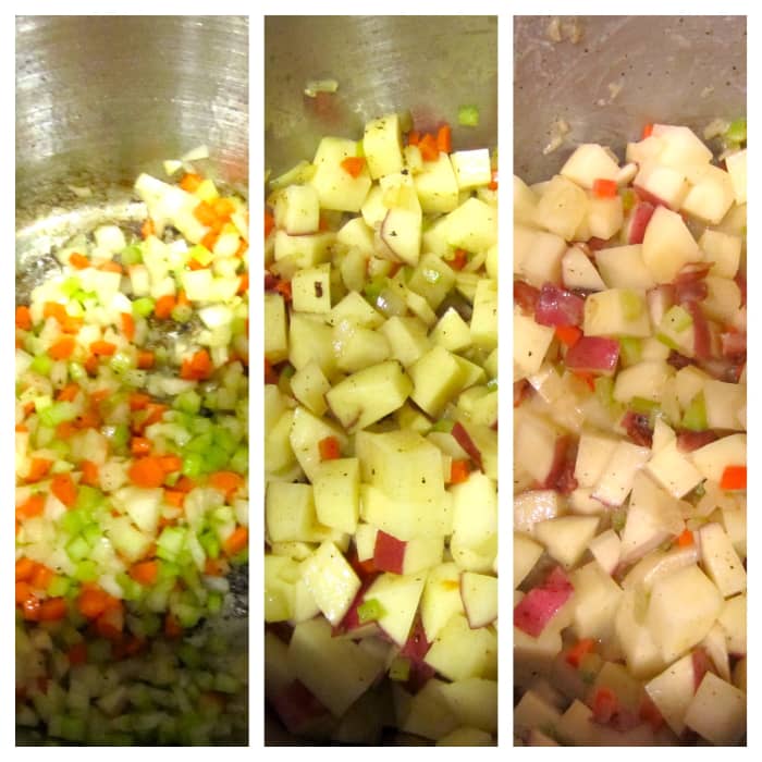 Left: Vegetables being sauteed in the stock pot. Center: Vegetables with the potatoes added and stirred. Right: All vegetables mixed with the flour for five minutes. (Steps 2 and 3)