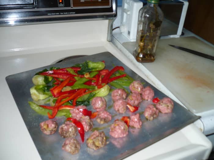 Cut the bok choy in half. Julienne the red peppers (cut into thin strips). You can add green onions here also.