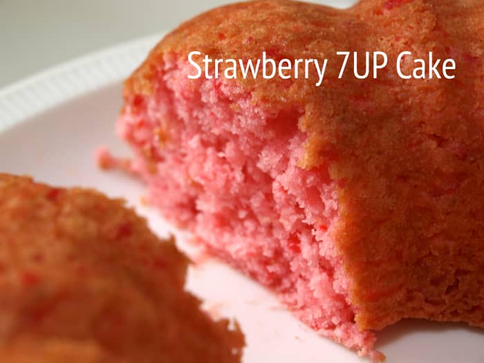This cake was made with a boxed strawberry cake mix and a 12-ounce can of diet 7-Up.