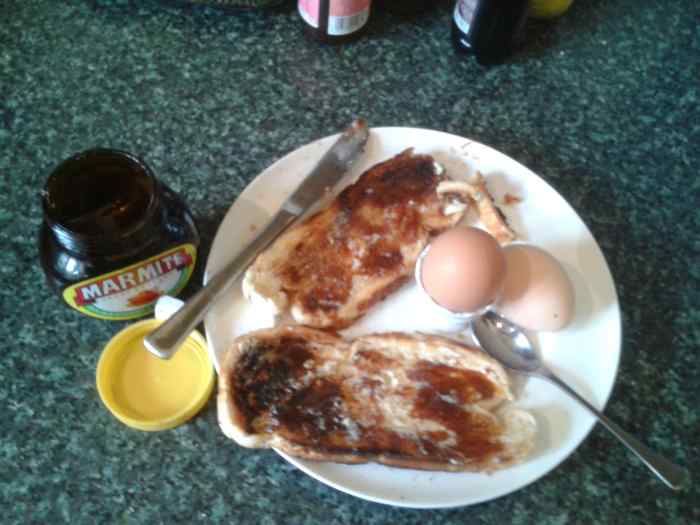 This is my favorite breakfast: boiled egg and Marmite on toast