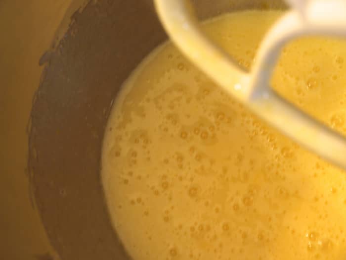 Using a high setting on your mixer, beat the eggs and sugar until bubbly. Then add in the cooled chocolate mixture.
