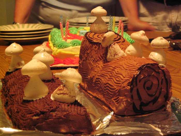 A Yule Log Cake With Meringue Mushrooms