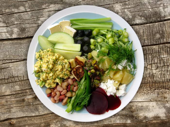 An inspired greenery, halloumi and egg salad plate I made one night, featuring lots of dill. I thought the apples with brie were an interesting addition to this salad. Egg salad made with the Quick Egg Salad Recipe below.