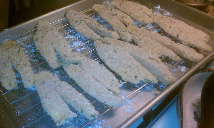 Store breaded fish back on the wire racks until all fillets are breaded and ready to be fried.