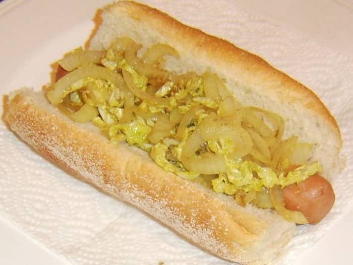 Sauteed cabbage, onion and garlic replace the more traditional topping that is sauerkraut on this hot dog