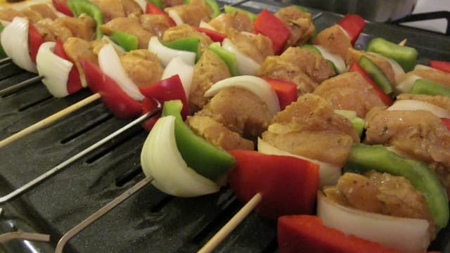 Curry chicken kabobs are tasty with or without banana pepper garnish. Be creative and add your favorite vegetables.