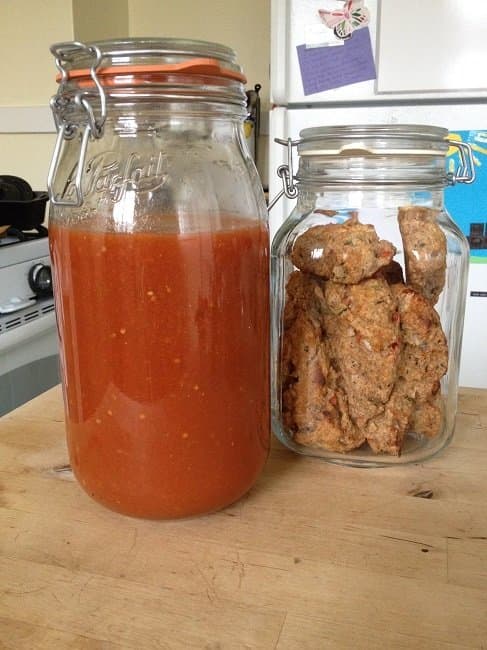 A favorite weekend lunch at our house is homemade tomato soup (stored in a tall LeParfait jar) and homemade whole wheat scones (stored in a Fido jar)