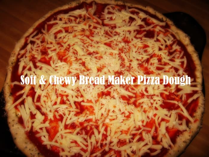 Soft and chewy bread-maker pizza dough easily transforms into pizza in just 15 minutes.