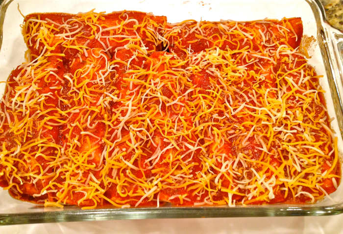 Pour the remainder of the sauce on top and sprinkle with the cheese. Bake at 350 degrees for about 20–25 minutes.