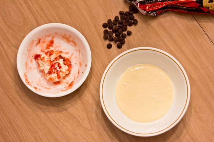 The ingredients for the waffle lava cake: cream cheese, strawberry jam, chocolate chips, and waffle (or pancake) batter.