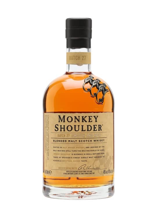 Monkey Shoulder. A William Grant whisky that tastes excellent whether drunk neat or mixed in a cocktail. Monkey Shoulder delivers a rich and spicy experience for your palate, complete with berries, honey, and nutmeg.