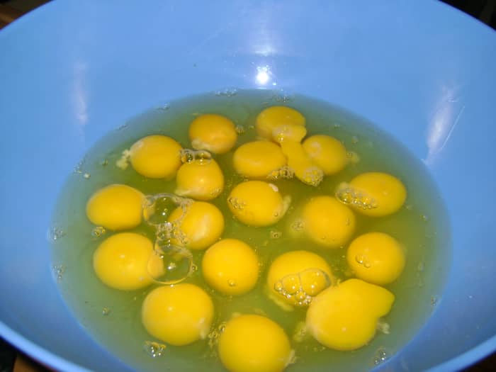 18-24 eggs seems like a lot and it is, I have tried to skimp on the eggs, and the eggbake just won't work out - it won't set right, so use at least 18 eggs and up to 24 if you have them.