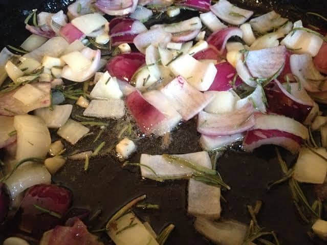 Add the rosemary to the pan and allow it to cook for a few more minutes without browning. At this point, you are infusing the flavors into the butter and oil.