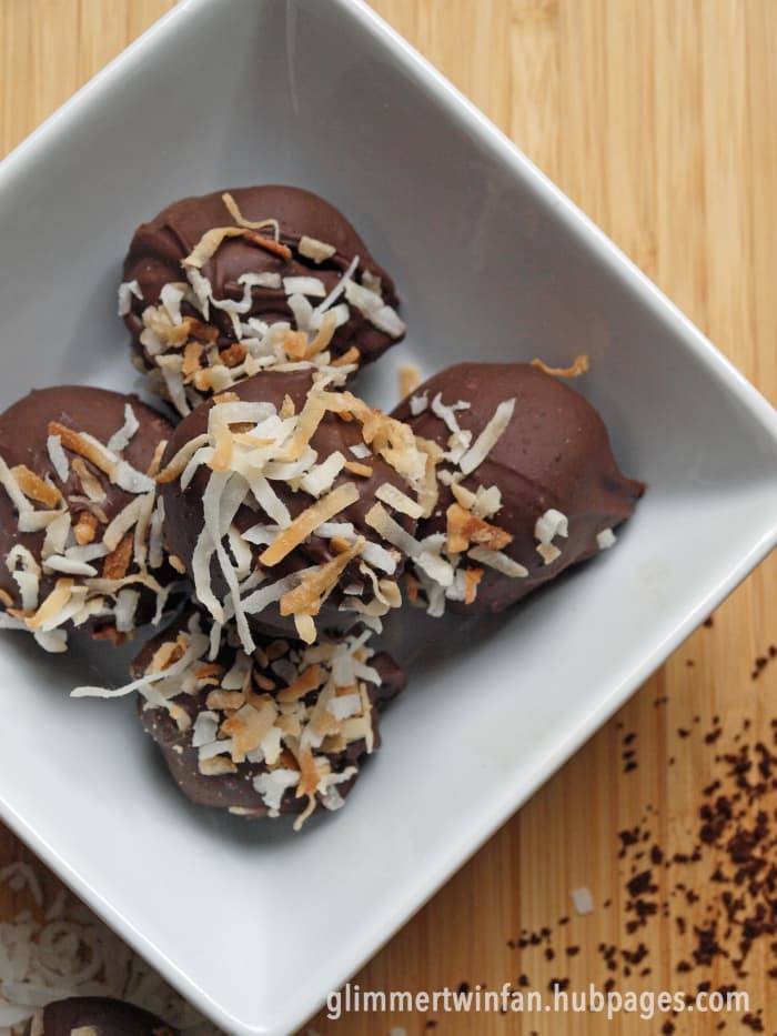 Toasted coconut mocha truffles recipe made with brownie mix and a few other ingredients.