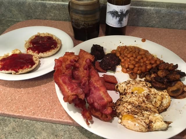 The Full American Fry-Up! English muffins with strawberry jam, Reavers mead, bacon, black pudding, baked beans, mushrooms, eggs, and Spam!