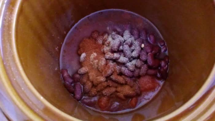 Use 1 can each of tomatoes and beans, 1/2 tsp of garlic, onion, chili powder and 1/4 tsp of red pepper, and 1/2 lb. of burger. Yum!