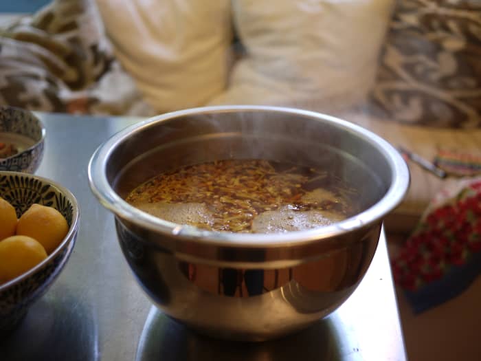 If you choose to use honey, you may want to add it in when the water-root mixture is still hot so it dissolves. Before I strain and refrigerate, I use an immersion blender to get as much good stuff as possible out of those roots.