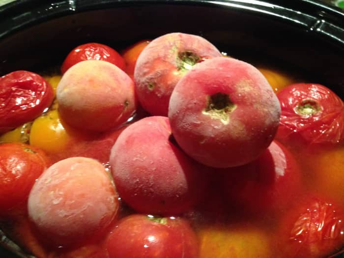 Freeze tomatoes in a single layer. Once frozen, keep them in a heavy plastic bag until needed. Just grab a handful to add to the vegetable soup.