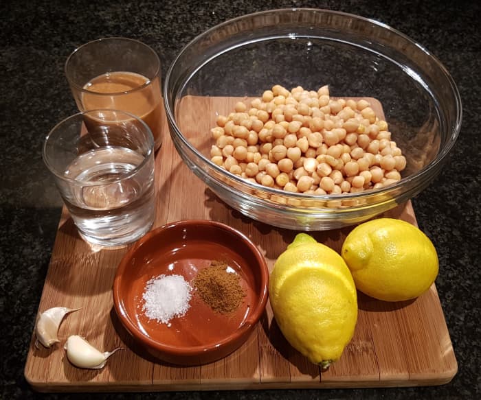 Hummus ingredients. Note: I doubled up the ingredients in this picture to make twice as much hummus