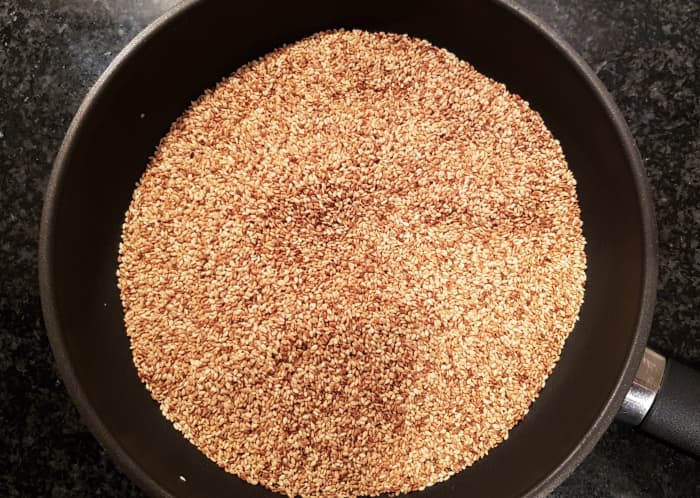 Toasted sesame seeds. Yes I toast mine a lot. If you want a lighter tahini paste then aim for a lighter colour