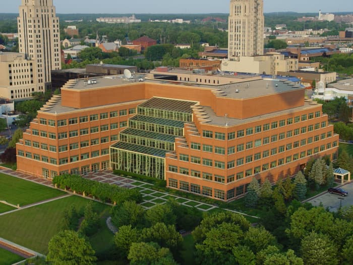 Kellogg World Headquarters, Battle Creek, Michigan, USA as it is today. Building designed by Hellmuth, Obata and Kassabaum