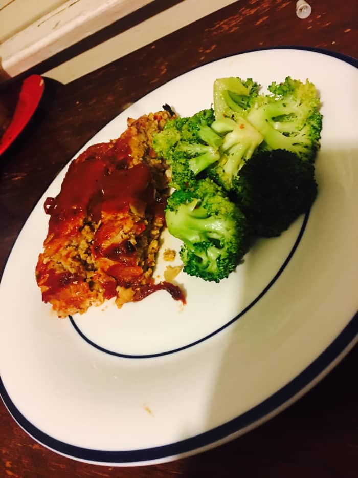 The finished meatloaf and broccoli satueed in garlic and a little olive oil. Trying to keep it healthy!
