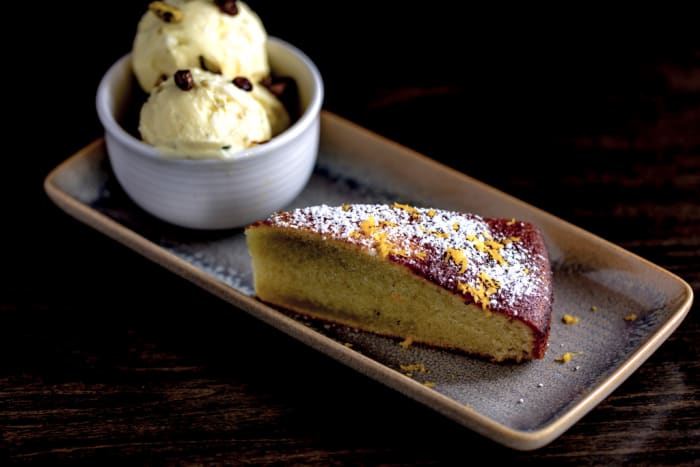 Olive oil cake and saffron ice cream