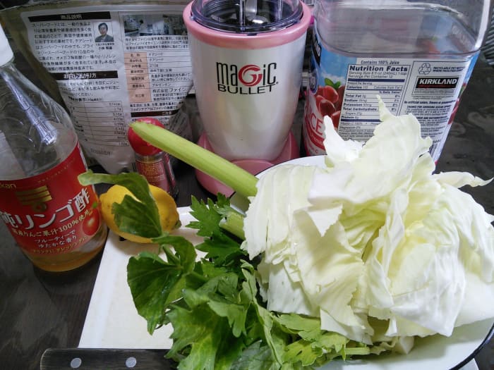 The ingredients: chia seed, clove, cranberry juice cocktail, cabbage, celery, lemon, apple vinegar