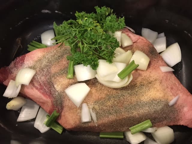 Add the parsley. You can also use fresh thyme, which I adore, I just didn't have any when I made this roast. Both, or either, have a gorgeous pop of flavor against the richness of the roast.