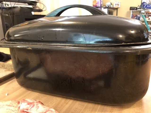 It doesn't matter - they all work. I used this giant roaster, which was rather overkill, but I like it. This one is large enough for a full turkey, although this brisket was only about 7-8 lbs, but slow cookers and Dutch ovens work perfectly well too