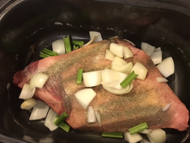 Add a couple of stalks of celery chopped. The flavor of celery, like onions, mellows and sweetens as the roast cooks.
