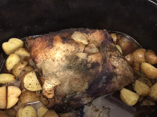 Toss in the potatoes, and any other root vegetables you want to use. Carrots, parsnips and turnips are all good. Stir them around to coat them with the juices of the brisket pot roast, put the top back on and give it another hour and a half.