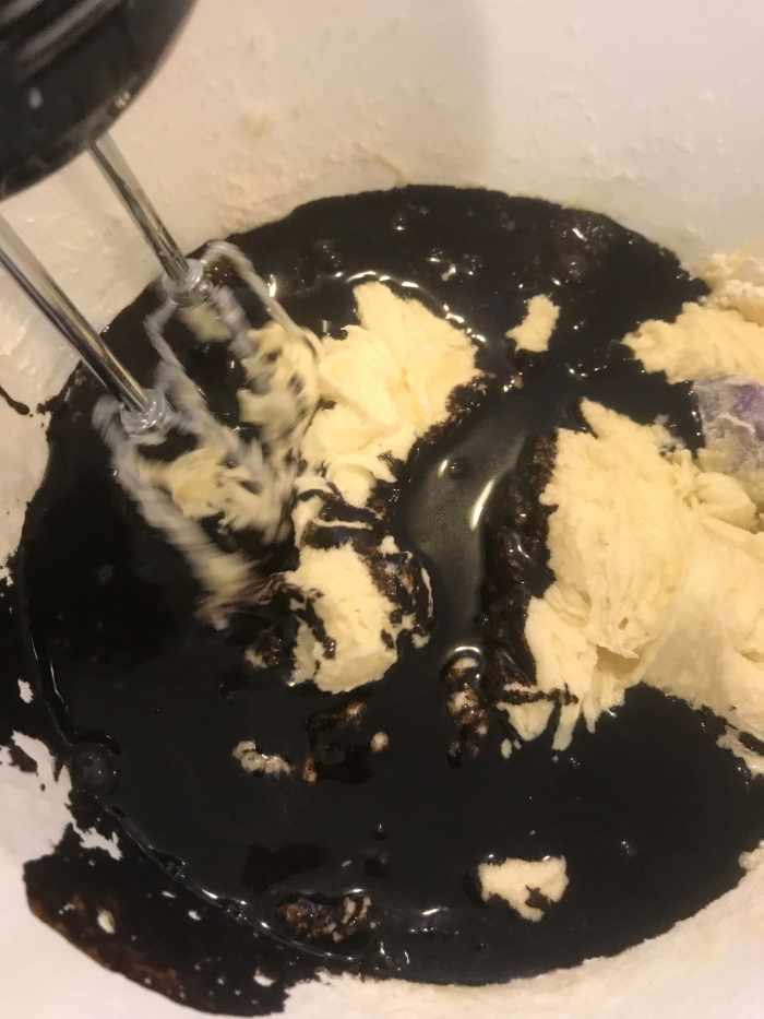 Add half of the cocoa mixture and continue mixing, before repeating with the remaining flour mixture, then the last of the cocoa mixture.