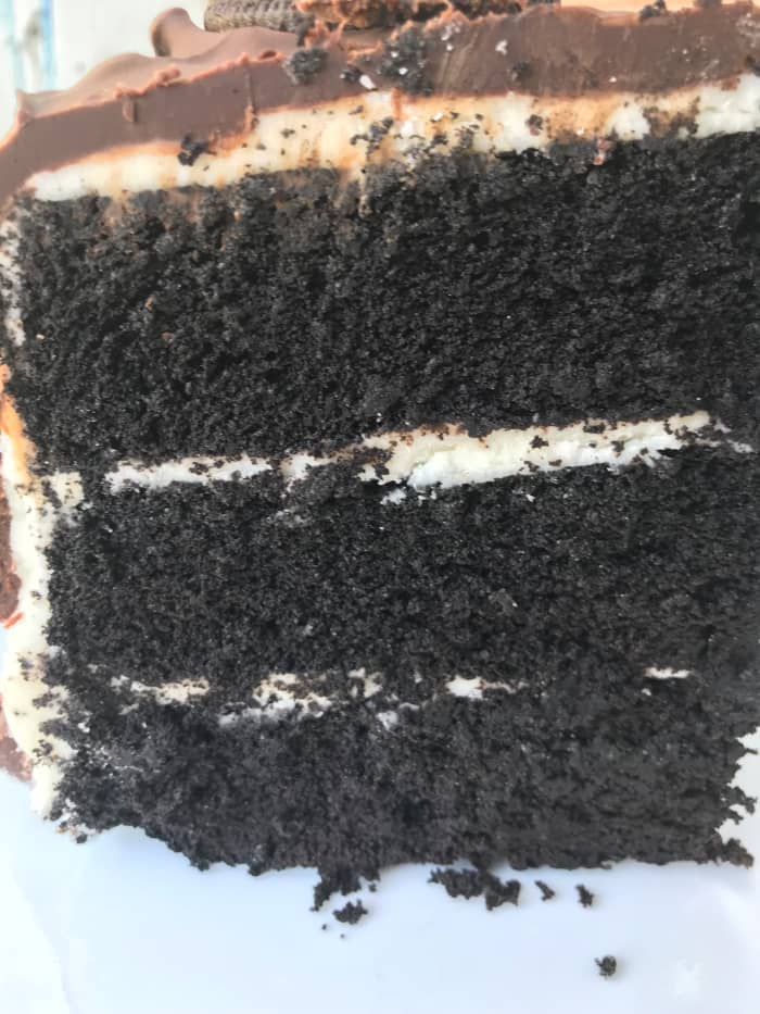 Black velvet cake is gorgeous dark chocolate, and here it's frosted with simple buttercream, and finished with dark chocolate ganache. You could also use an orange or purple frosting for more Halloween punch.