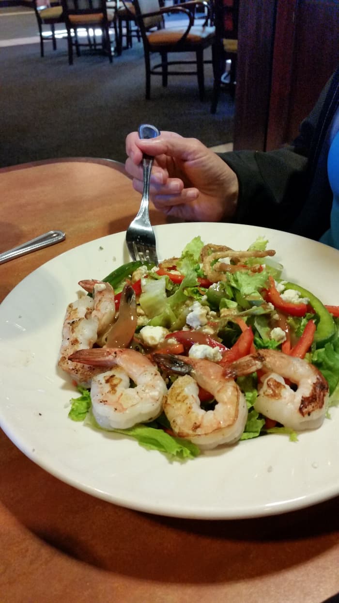 A salad that feels luxurious and fills you up without lots of calories. Shrimp, a small amount of feta cheese, and lots of vegetables. Wonderful.