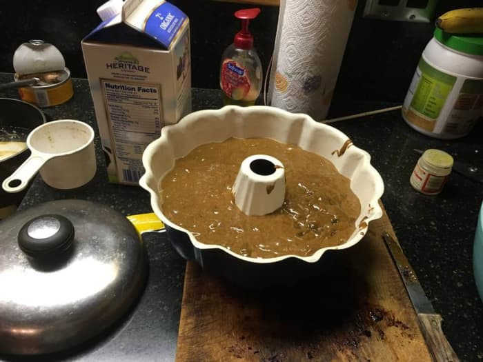 Pour the batter into a bundt or tube pan, which is already greased, and bake for 50 minutes at 350°F.